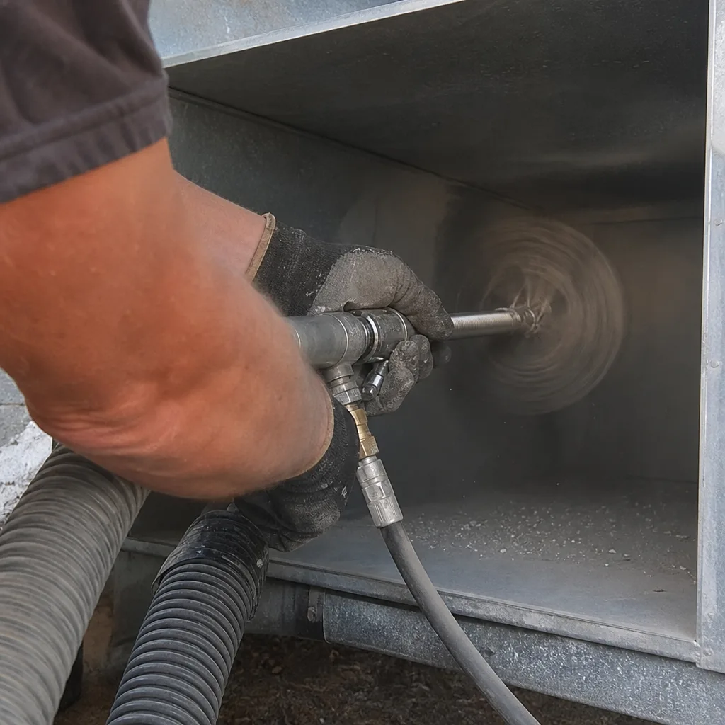 Professional technician performing air duct cleaning with rotary brush tool