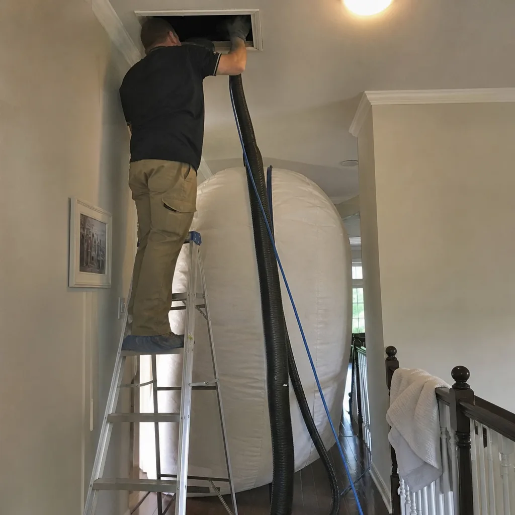 Technician using professional equipment for residential air duct cleaning service