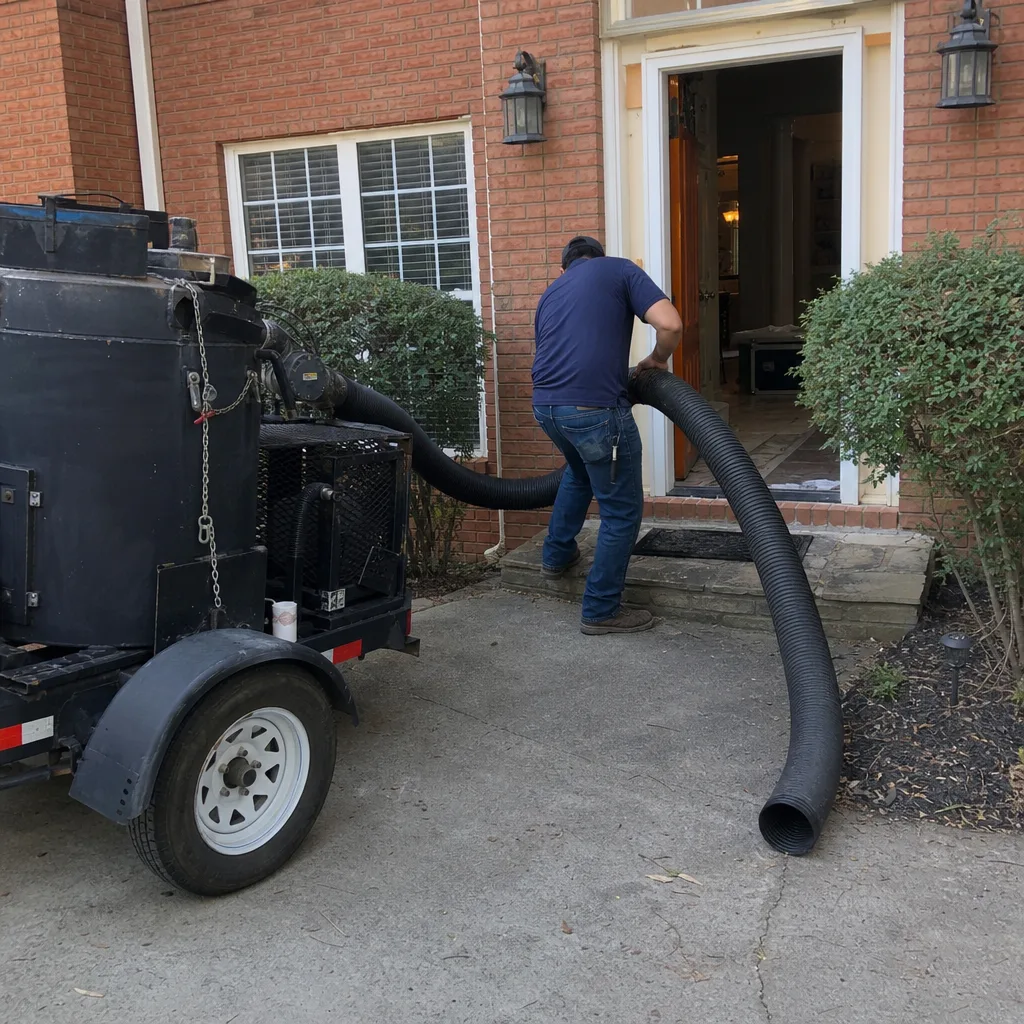 Technician performing professional residential air duct cleaning service with truck-mounted vacuum