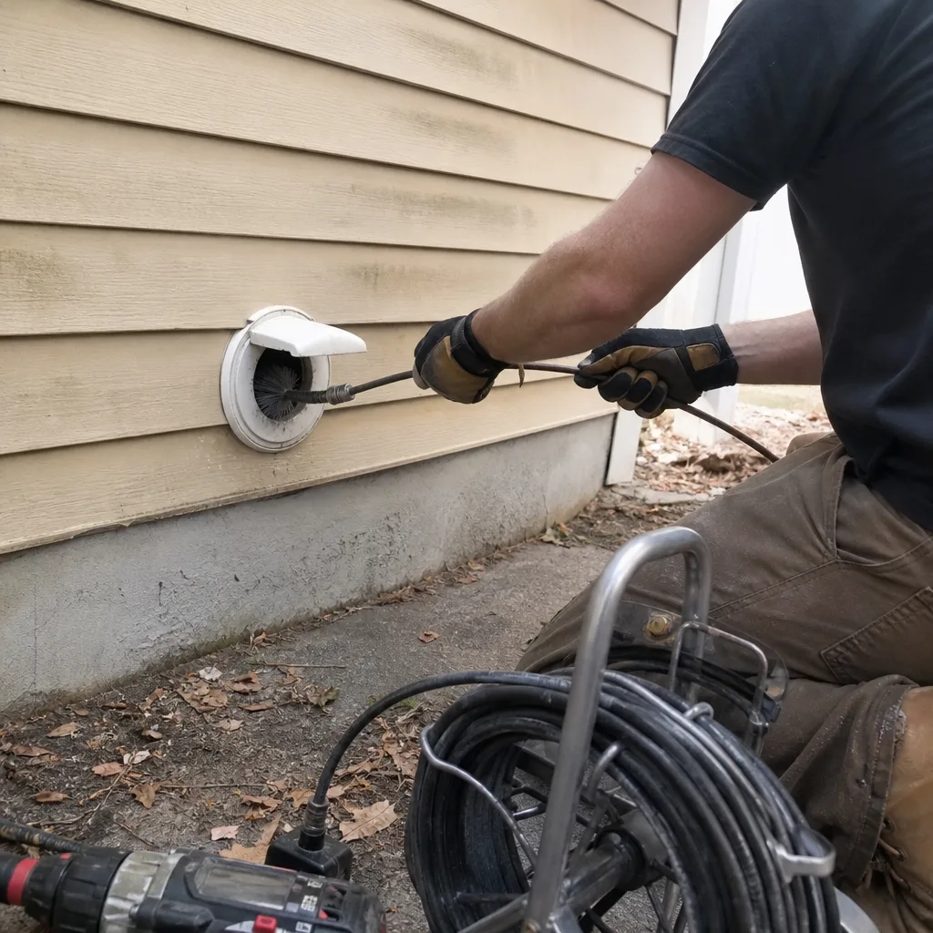 Technician using a rotary brush tool for professional dryer vent cleaning